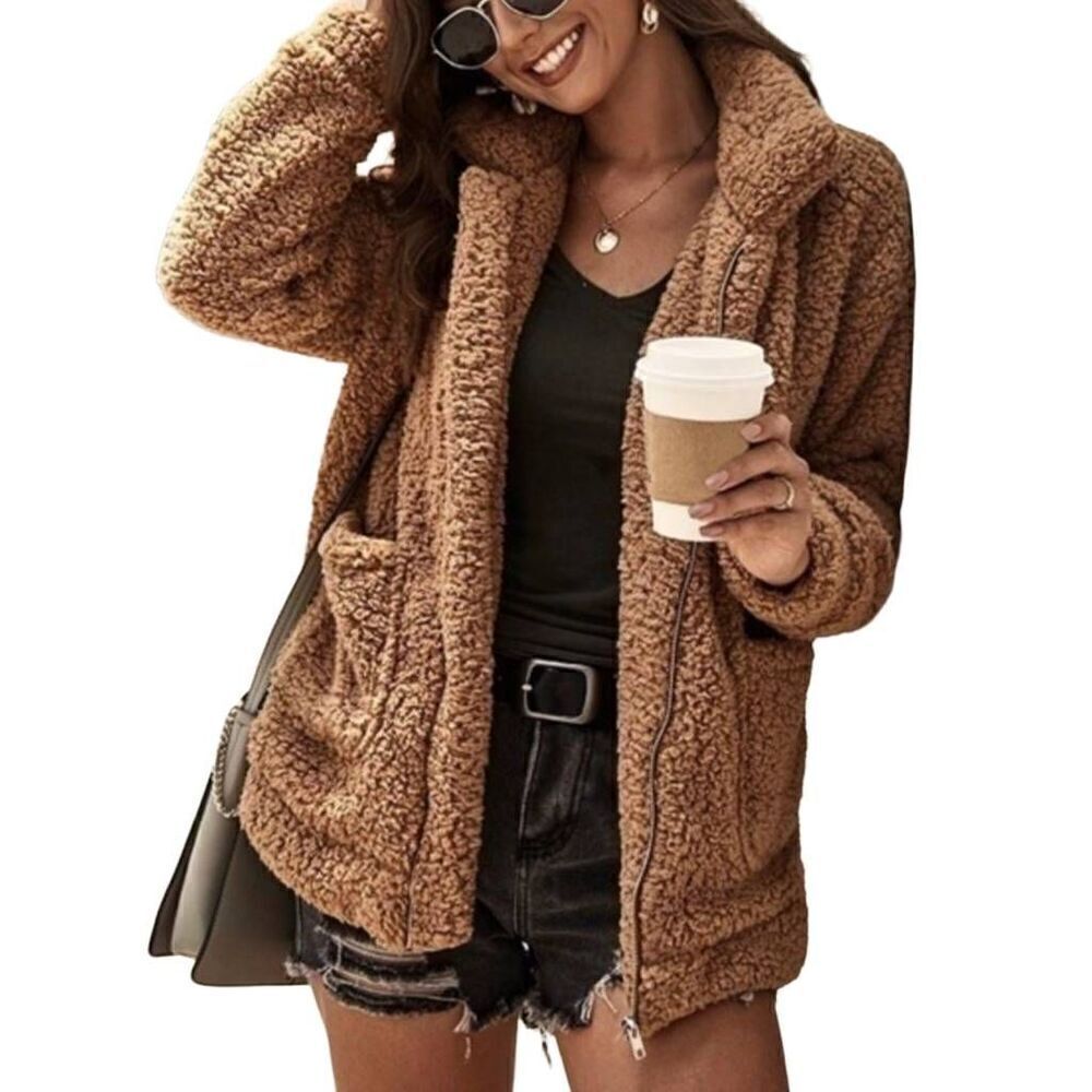 Pretty Garden Faux Fleece Jacket Fuzzy Pocket Teddy Coat Oversized Size XL